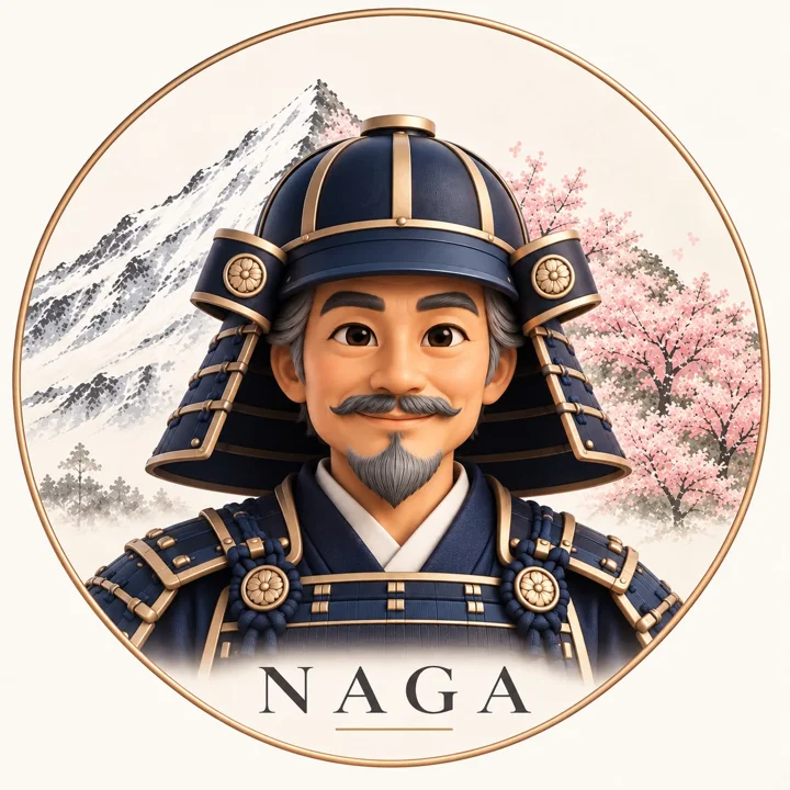 Naga, o mascote da Nagano: samurai de armadura azul-marinho diante da montanha nevada e das cerejeiras